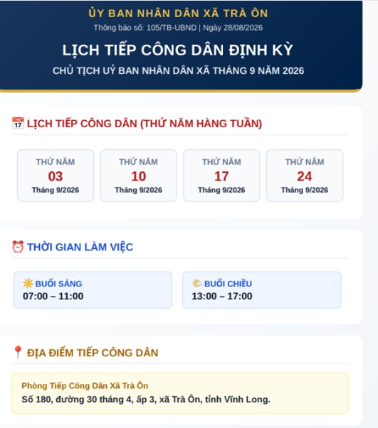 Thông báo lịch tiếp công dân định kỳ tháng 9/2026 của Chủ tịch UBND xã Trà Ôn