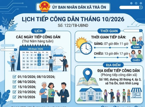 Lịch tiếp công dân định kỳ tháng 10/2026 của Chủ tịch UBND xã Trà Ôn