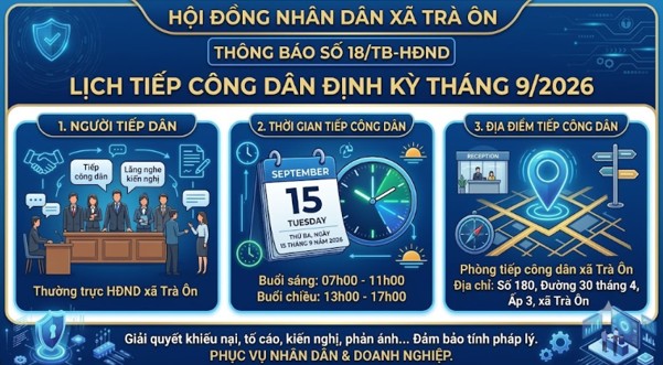 Thường trực HĐND xã Trà Ôn thông báo lịch tiếp công dân định kỳ tháng 9 năm 2026