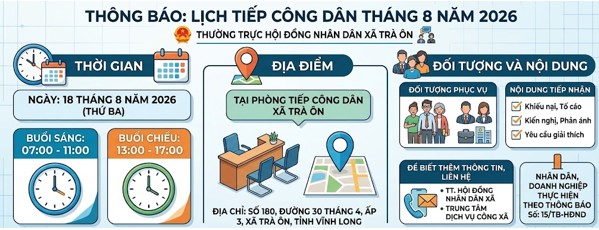 Thường trực HĐND xã Trà Ôn thông báo lịch tiếp công dân định kỳ tháng 8 năm 2026